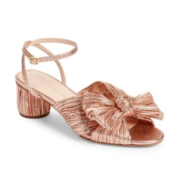 Loeffler Randall Dahlia Pleated Bow Knot Block Heel Sandal Metallic Rose Gold 7 - Picture 1 of 16